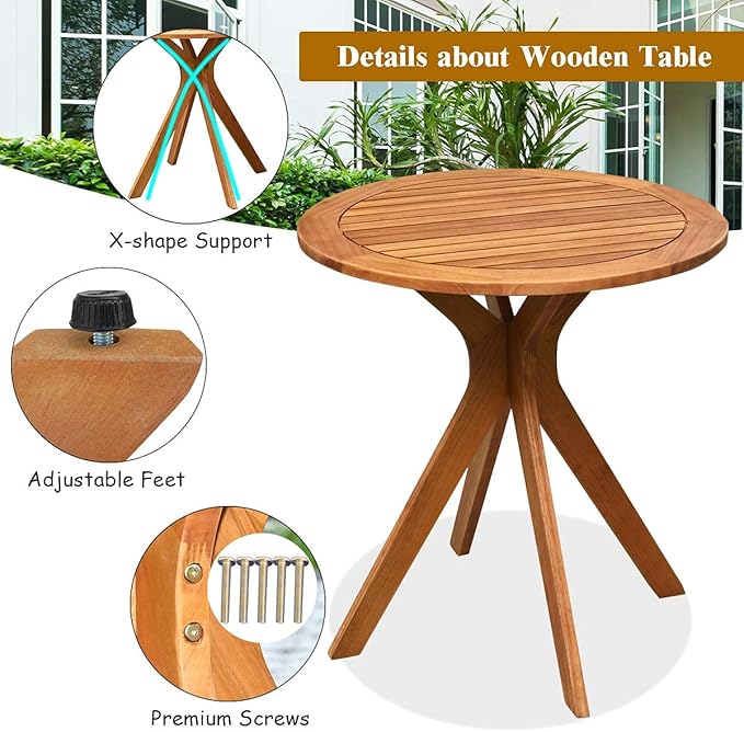 Eucalyptus Wood Round Table, Outdoor Patio Coffee Table, 27.5" x 27.5" x 30", Brown