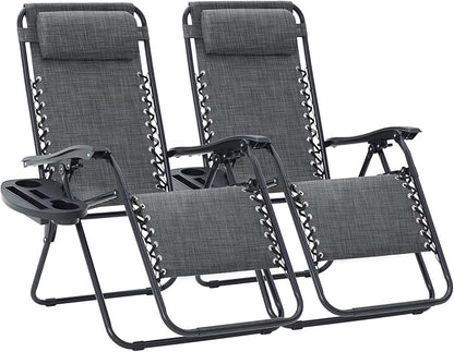 JEAREY Oversized Zero Gravity Lounge Chairs Set of 2, Adjustable Steel Mesh Recliners with Pillows and Cup Holder Trays for Patio, Garden, Beach, Dark Grey
