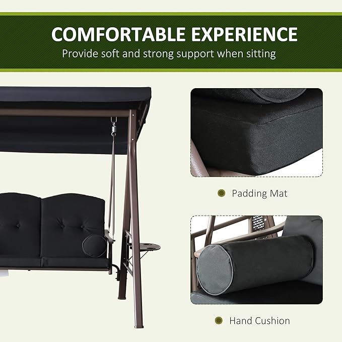 Outsunny 3-Seat Patio Swing Chair, Outdoor Porch Swing Glider with Adjustable Canopy, Removable Cushion - Photo 5