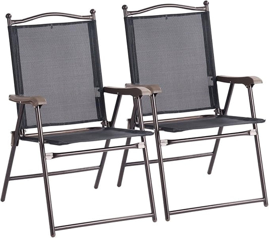 Giantex Set of 2 Patio Folding Chairs, Outdoor Patio Dining Chairs w/Armrest, Sling Back, Metal Frame, Outside Use for Lawn Camping Garden Pool Beach Yard Lounge, No Assembly, Black