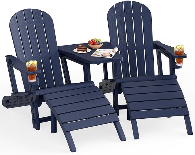 JY QAQA Outdoor Adirondack Chair Set of 2 with Detachable Table & Ottoman, All-Weather HDPE Patio Furniture with Wood Texture & Cup Holder for Patio, Poolside, Garden, Dark Blue