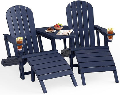 JY QAQA Outdoor Adirondack Chair Set of 2 with Detachable Table & Ottoman, All-Weather HDPE Patio Furniture with Wood Texture & Cup Holder for Patio, Poolside, Garden, Dark Blue