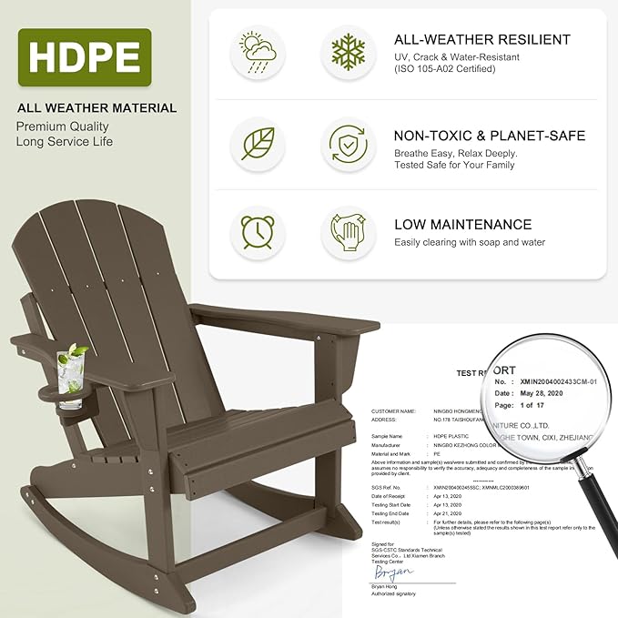 Outdoor Rocking Chairs Set of 2, HDPE Poly All-Weather Patio Rocking Chairs with Cup Holder for Adults, Porch Rocker for Deck Patio Balcony, 440lbs, Dark Brown