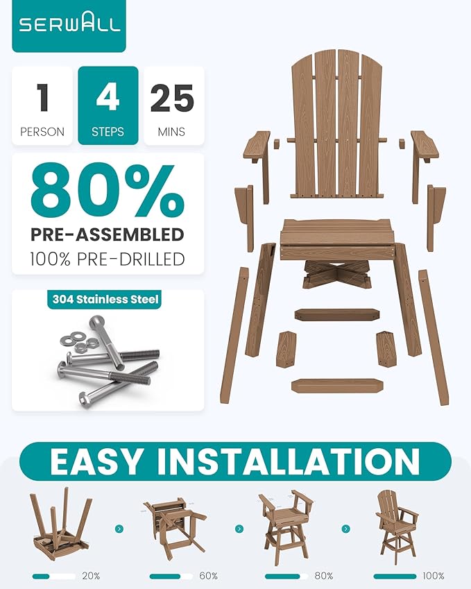 SERWALL Swivel Adirondack Barstools Set of 2, HDPE Outdoor Swivel Bar Chairs Set of 2 for Patio, Poolside, Garden, Brown - Photo 6
