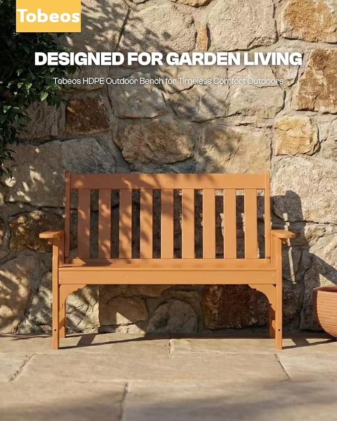 2-Person Outdoor Garden Bench, HDPE All-Weather Patio Bench with Backrest & Armrests, Heavy Duty Outdoor Seating for Porch, Backyard & Park, 660 lbs (Brown, 1 Bench)