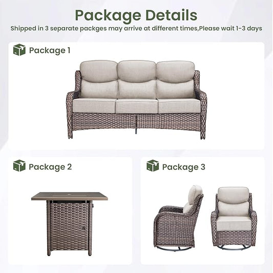 Luxury Patio Furniture Set with 6-inch Thick Cushion, Outdoor Furniture with Fire Pit Table, Swivel Chairs, Sofa, 4pcs Wicker Conversation Set for Deck Yard and Poolside(Beige)