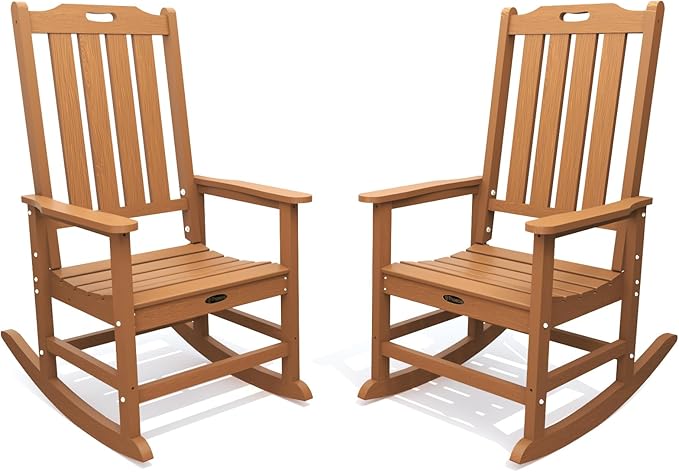 Oversized Rocking Chair Set of 2, Outdoor Rocking Chair for Adults, All Weather Resistant Porch Rocker for Lawn Garden, Wood