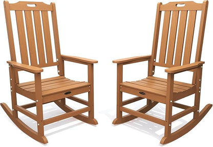 Oversized Rocking Chair Set of 2, Outdoor Rocking Chair for Adults, All Weather Resistant Porch Rocker for Lawn Garden, Wood