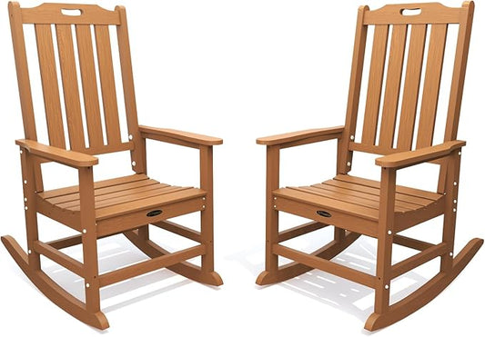 Oversized Rocking Chair Set of 2, Outdoor Rocking Chair for Adults, All Weather Resistant Porch Rocker for Lawn Garden, Wood