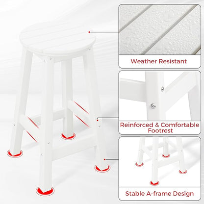 Costaelm 24" Height Outdoor Bar Stools, All-Weather Bar Stools, Adirondack Poly Patio Round Bar Stool for Patio, Deck, Kitchen Counter and Garden, White