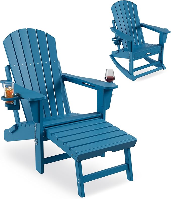 Rocking Adirondack Chairs, Folding Adirondack Rocking Chair With Footrest, Adirondack RockingChair Outdoor With Retractable Ottoman and Cup Holder