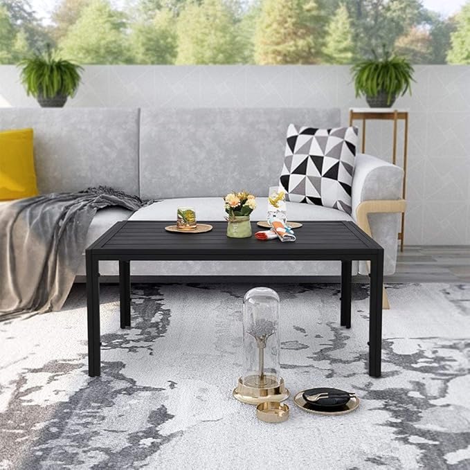 UKN Outdoor Steel Slat Coffee Table Black Modern Contemporary Rectangle Weather Resistant