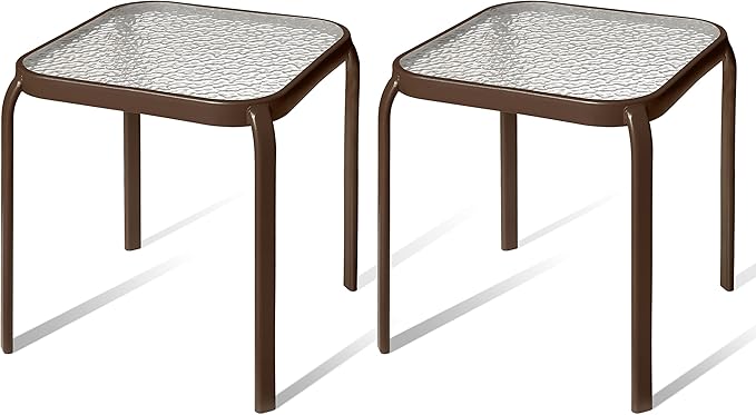 Bronze Metal Outdoor Side Table with Tempered Glass Top Set of 2 – Elegant Small 16" Square Patio Table – Durable Weather-Resistant Coffee Bistro Accent End Table for Outside and Garden