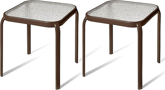 Bronze Metal Outdoor Side Table with Tempered Glass Top Set of 2 – Elegant Small 16" Square Patio Table – Durable Weather-Resistant Coffee Bistro Accent End Table for Outside and Garden