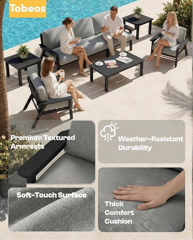 HDPE Patio Furniture Set 10 Seats, Outdoor Couch with Washable Thick Gray Cushions & Coffee Table & Side Table, Outdoor Sectional Furniture for Backyard, Deck, Lawn, Porch (Black Frame)