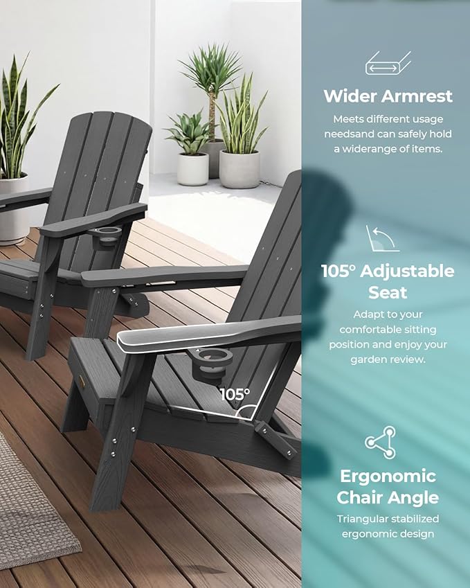 Folding Adirondack Chair, HDPE All-Weather Fire Pit Chairs, Plastic Adirondack Chairs with 2 Cup Holder, Outdoor Lawn Chair for Patio Garden (Grey)