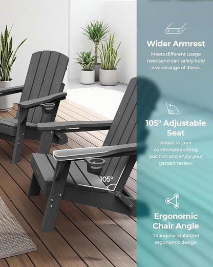 Folding Adirondack Chair 2 Pack, HDPE All-Weather Fire Pit Chairs, Plastic Adirondack Chairs with 2 Cup Holder, Outdoor Lawn Chair for Patio Garden (Grey)