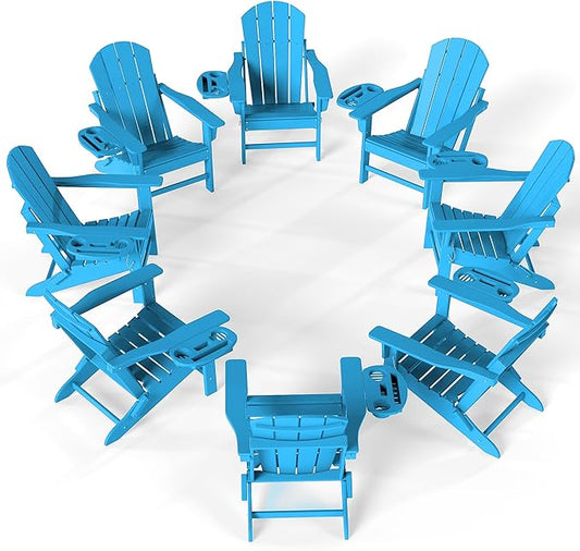 FOOWIN Folding Adirondack Chair Set of 8, HDPE Adirondack Chairs with Cup Holder, Weather Resistant Plastic Fire Pit Chairs for Outdoor, Patio, Lawn, Garden, Backyard, Deck, Pacific Blue