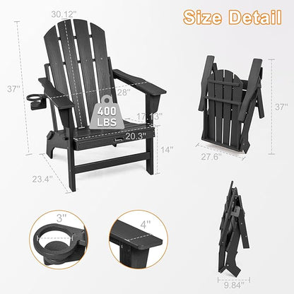 FUNBERRY Folding Adirondack Chairs Set of 4, HDPE Stable Gun-Leg Design Fire Pit Chairs with Cupholder All Weather for Outside