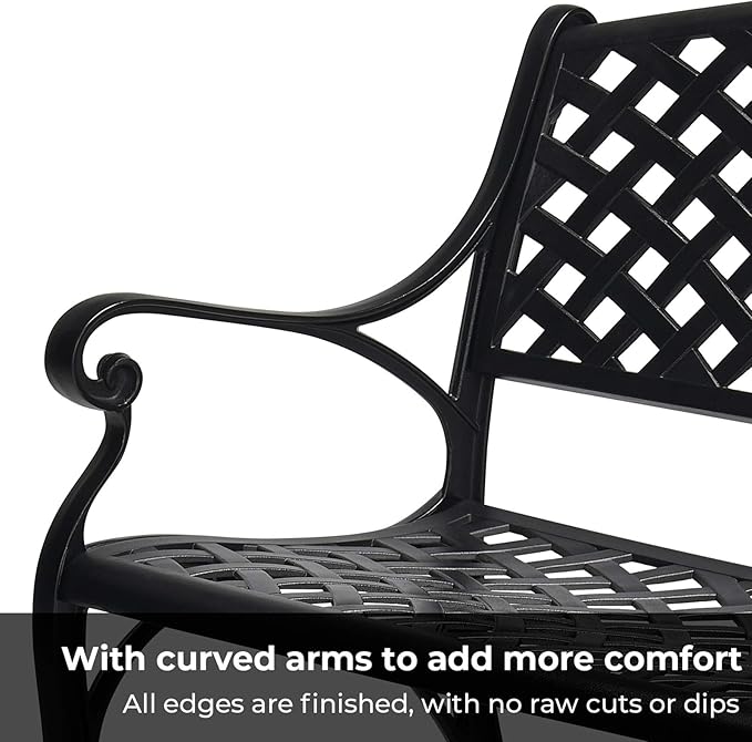 Laurel Canyon 41" Outdoor Patio Bench, Cast Aluminum Construction Furniture Chair, 2-Person Seating for Porch Backyard Garden Pool Deck, Black