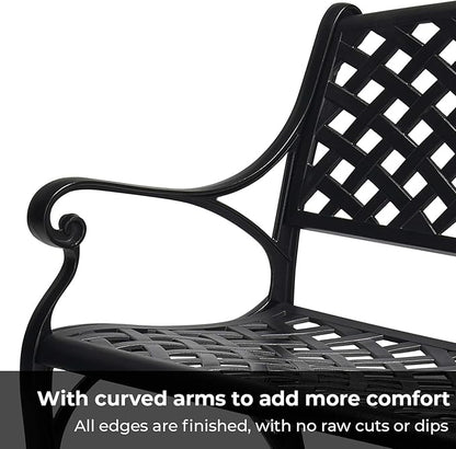 Laurel Canyon 41" Outdoor Patio Bench, Cast Aluminum Construction Furniture Chair, 2-Person Seating for Porch Backyard Garden Pool Deck, Black