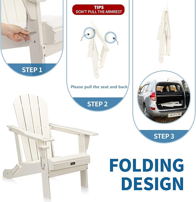 VINGLI Plastic Adirondack Chairs Set of 2, Folding with Cup Holder, Waterproof HDPE Material, Comfortable 380lb Weight Capacity for Outdoor Pool Patio Lounge Chair Lawn Furniture Firepit (White)