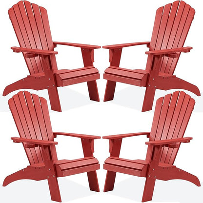 Psilvam Adirondack Chair, Oversized Poly Lumber Fire Pit Chair with Cup Holder, 350Lbs Support Patio Chairs for Garden, Weather Resistant Adirondack Chair Looks Like Real Wood (4, Red)