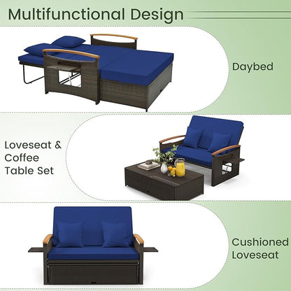 LDAILY Moccha Outdoor Wicker Daybed, Patio Rattan Loveseat Sofa w/ 4-Level Adjustable Backrest, Folding Panels, Storage Ottoman & Cushions, Lounge Furniture Set for Poolside Backyard Porch (Navy)