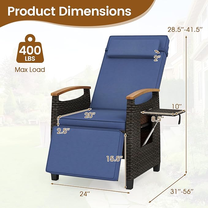 HAPPYGRILL Outdoor Rattan Wicker Chaise Lounge Recliner Chair with Adjustable Backrest & Footrest, Push Back Outside Seat w/Cushion & Flip Table for Backyard, Porch, Balcony (Navy,1)