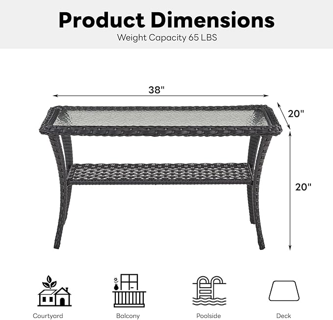 Belord 38 Inch Outdoor Coffee Table with 2 Tier Storage - Wicker Coffee Table with Water Ripple Texture Tempered Glass Top, All Weather Patio Coffee Table for Deck Porch Balcony Garden Black