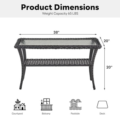 Belord 38 Inch Outdoor Coffee Table with 2 Tier Storage - Wicker Coffee Table with Water Ripple Texture Tempered Glass Top, All Weather Patio Coffee Table for Deck Porch Balcony Garden Black