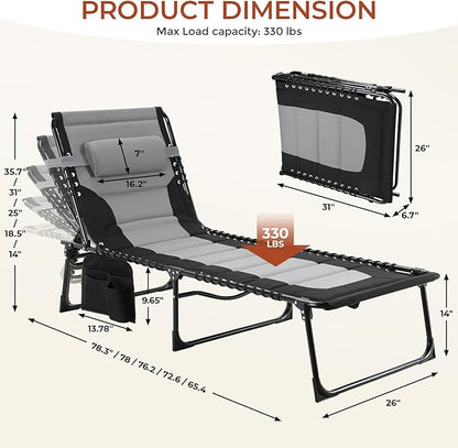 TLSUNNY Padded Folding Lounge Chair, Portable Reclining Chair with Pillow & Side Pocket, Outdoor 5-Position Adjustable Chaise Lounger with Carrying Handle, for Beach, Pool, Sunbathing (Black & Gray)