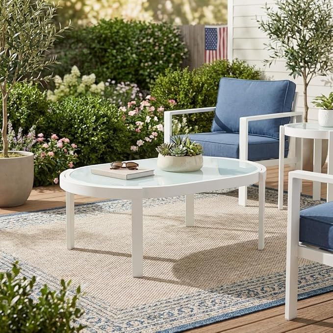Christopher Knight Home Lula Aluminum Outdoor Coffee Table with Tempered Glass Top, Modern Coffee Table for Patio Furniture Set, Weather-Resistant Patio Table with Oval Top, White