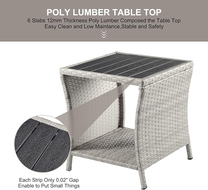 Outdoor Side Table for Patio Small Rattan Wicker Coffee Table Balcony Table Outside End Table with Poly Lumber Table Top & Storage Bistro Table for Garden Porch Deck Living Room Backyard Grey