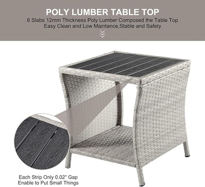 Outdoor Side Table for Patio Small Rattan Wicker Coffee Table Balcony Table Outside End Table with Poly Lumber Table Top & Storage Bistro Table for Garden Porch Deck Living Room Backyard Grey