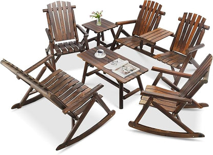 6-Piece Outdoor Wood Log Rocking Conversation Set, Patio Adirondack Furniture Set Including 2-Seater Loveseat, 2 Coffee Table, 2 Log Rocker Chair, Garden Bench & Built-in Table, Carbonized