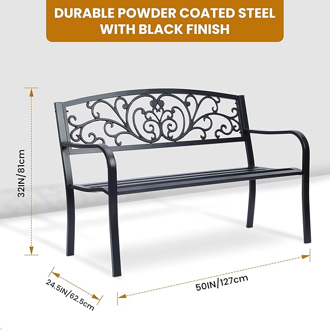 Simply Elegant Flora Metal Park Patio Bench, Outdoor Bench in Black for Porch, Lawn, Garden, Deck by Sun-Ray