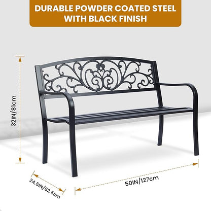 Simply Elegant Flora Metal Park Patio Bench, Outdoor Bench in Black for Porch, Lawn, Garden, Deck by Sun-Ray