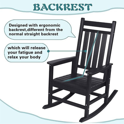 Outdoor Rocking Chair for Adults, High Back Patio Rocking Chair, HDPE All Weather Resistant Porch Rocker for Lawn, Porch, Backyard, Indoor and Garden (Black)