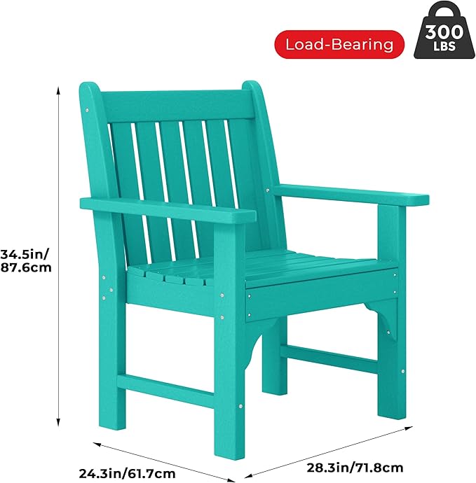 Costaelm Outdoor Dining Chairs with Arms Set of 2, Patio HDPE Garden Dining Table Chair, Poly Lumber Waterproof Restaurant Bistro Farmhouse Chairs for Outside Porch Backyard, Turquoise