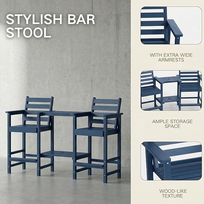 Kingdura Tall Adirondack Chairs Set of 2, Weather Resistant HDPE Bar Height Outdoor Stools with Removable Double Connecting Trays, Wooden Grain for Patio, Balcony, Deck (Navy Blue)