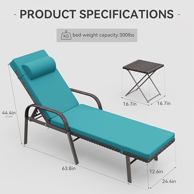3 Pieces Patio Chaise Lounge Set Outdoor PE Rattan Armrest Lounge Chair Adjustable Backrest Reclining Chair with Folding Table and Cushion for Patio Poolside Backyard Porch Beach(Blue)