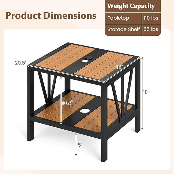 HAPPYGRILL Outdoor Side Table with Umbrella Hole 1.57”, 2-Tier Coffee Bistro End Table Umbrella Stand with Storage Shelf, for Backyard Poolside Garden (2)