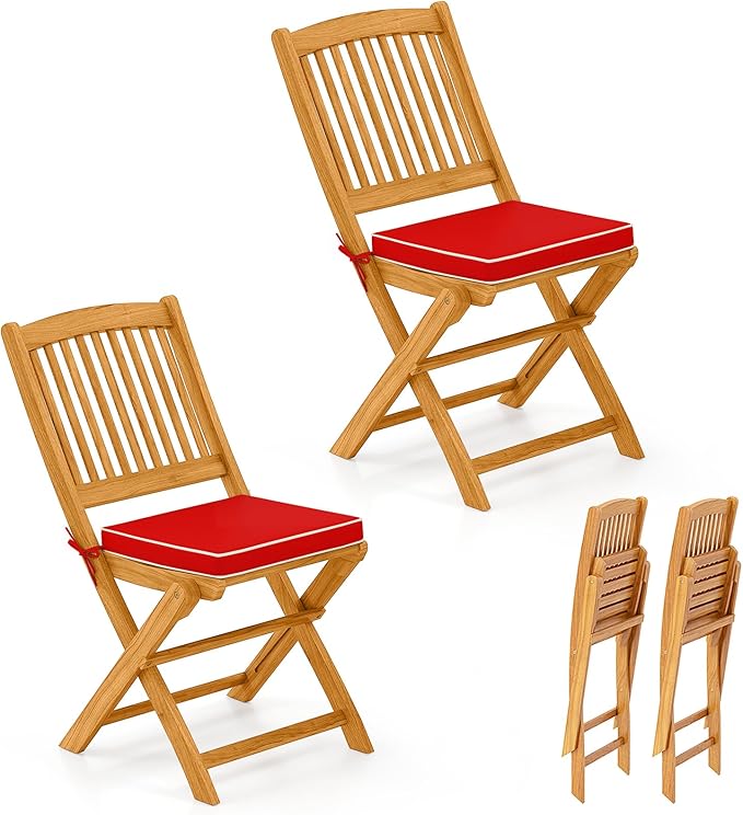Tangkula 2 Pieces Folding Outdoor Dining Chairs, Acacia Wood Patio Chairs with Soft Cushions, Slatted Backrests and Seats, Outdoor Chairs for Porch, Balcony, Deck and Yard (One-Size,Red,2)