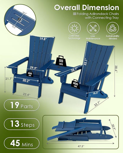 GREENVINES Folding-Adirondack-Chairs-Set-of-2 | HDPE Plastic | Arch Series | Fire Pit Chair | with Connecting Tray | Removable Table | All Weather | for Outdoor Patio Deck Poolside | Blue