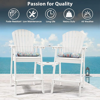 Sundale Outdoor Tall Adirondack Chairs Set of 2 with Table, Patio HDPE Bar Set, 3 PCS Counter Height Dining Bistro Set, Pub Table with Stools, 2 Umbrella Hole Caps, White