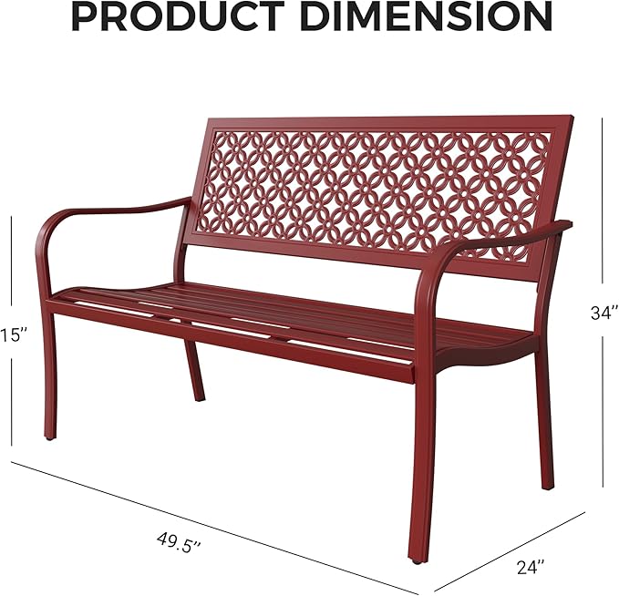 Grand patio Garden Bench, Outdoor Benches with Anti-Rust Metal Powder Coated Frame, Patio Bench for Front Porch Park Outside Furniture Decor, Cherry Red