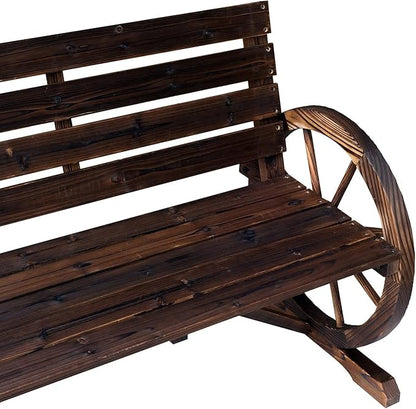 Ni-shore Wooden Wagon Wheel Bench Rustic Outdoor Patio Furniture, 2-Person Seat Bench with Backrest