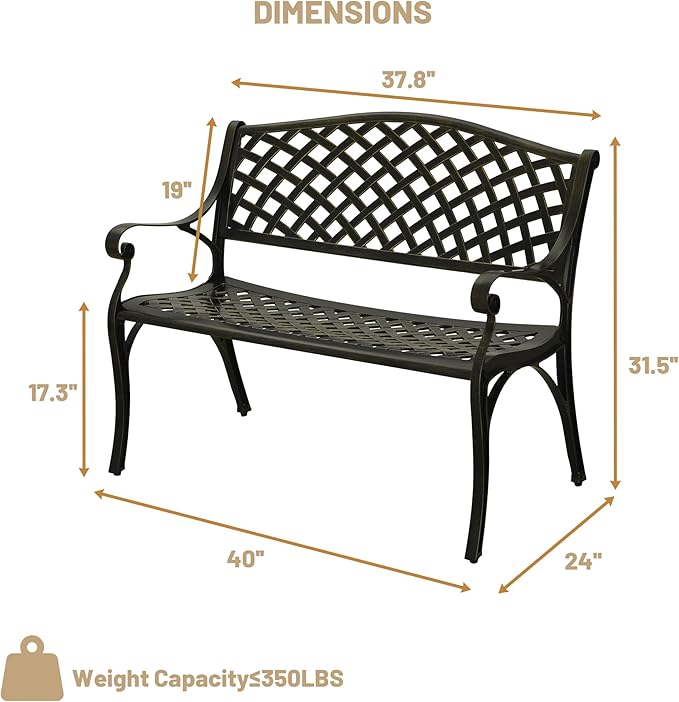 Clihome Patio Bench Garden Benches for Outdoors Cast Aluminium Park Bench Metal Porch Bench Front Porch Bench for Outdoor for Balcony, Porch, Backyard, Garden