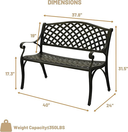 Clihome Patio Bench Garden Benches for Outdoors Cast Aluminium Park Bench Metal Porch Bench Front Porch Bench for Outdoor for Balcony, Porch, Backyard, Garden